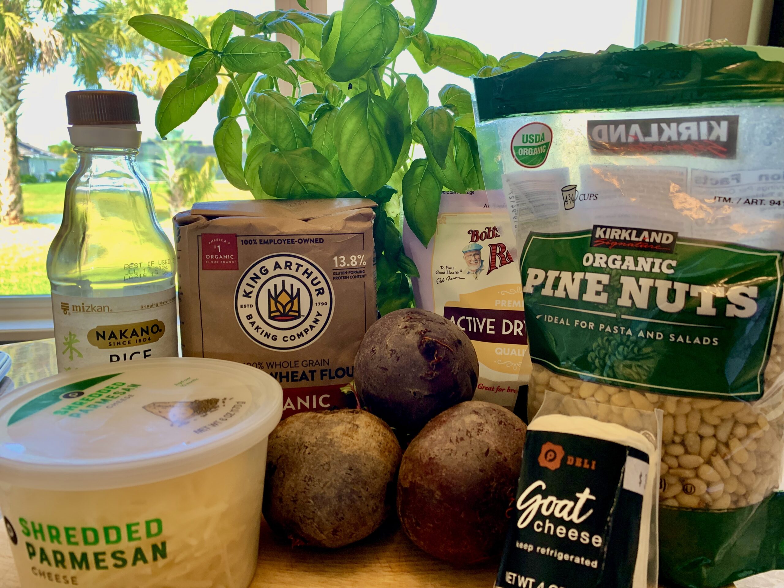 The ingredients for our Roasted Beet & Goat Cheese Flatbread with Basil Pesto